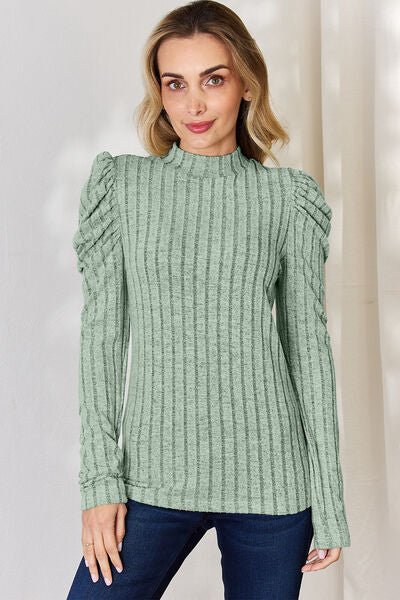 Basic Bae Full Size Ribbed Mock Neck Puff Sleeve T-Shirt - Loulou Boutique