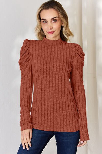 Basic Bae Full Size Ribbed Mock Neck Puff Sleeve T-Shirt - Loulou Boutique