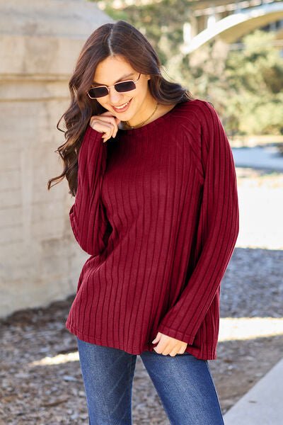 Basic Bae Full Size Ribbed Round Neck Long Sleeve Knit Top - Loulou Boutique