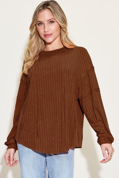 Basic Bae Full Size Ribbed Round Neck Long Sleeve T-Shirt - Loulou Boutique