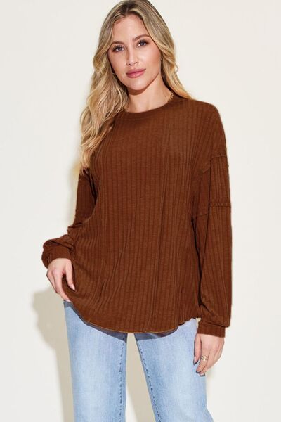 Basic Bae Full Size Ribbed Round Neck Long Sleeve T-Shirt - Loulou Boutique