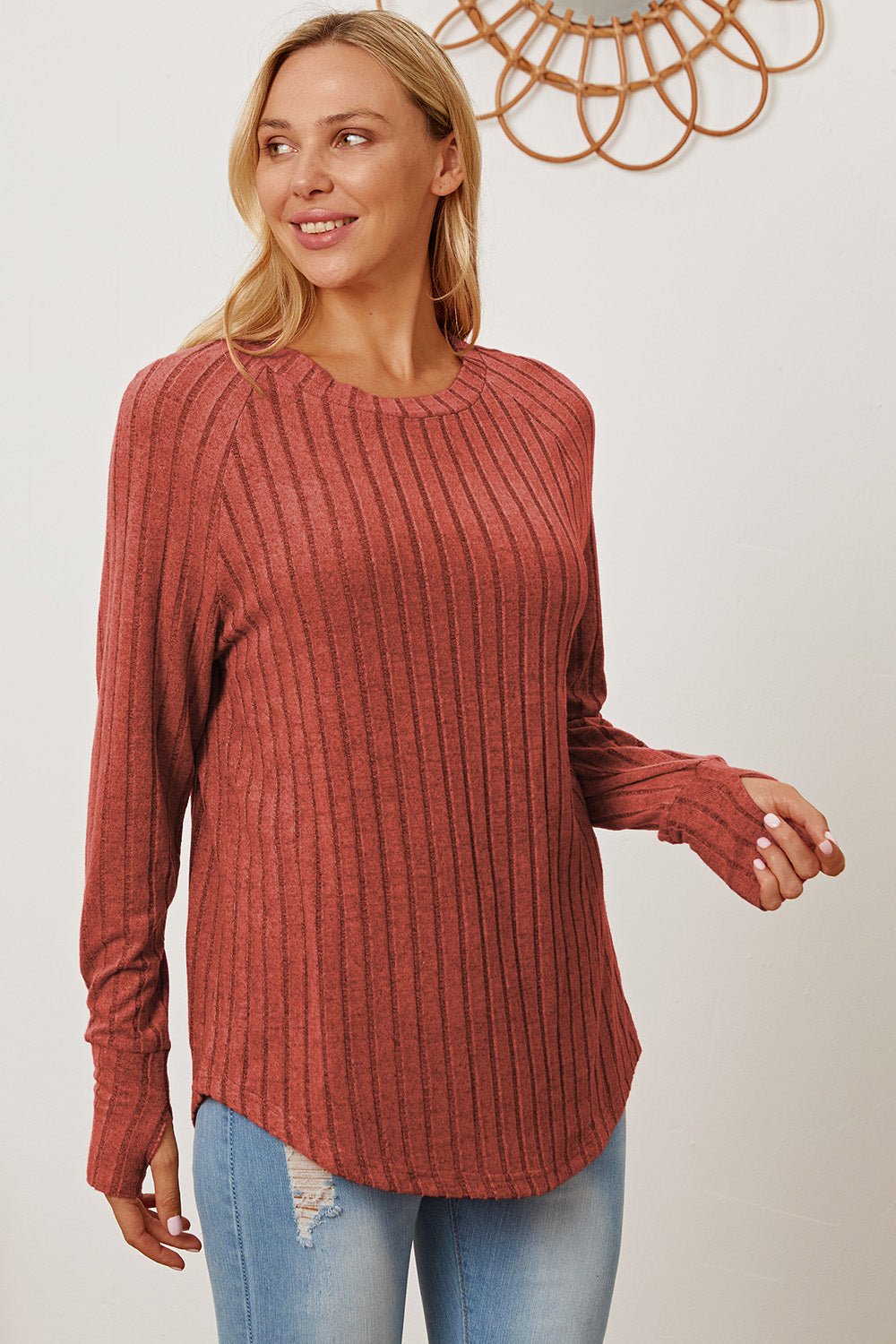 Basic Bae Full Size Ribbed Thumbhole Sleeve T-Shirt - Loulou Boutique