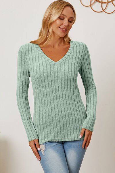 Basic Bae Full Size Ribbed V-Neck Long Sleeve T-Shirt - Loulou Boutique