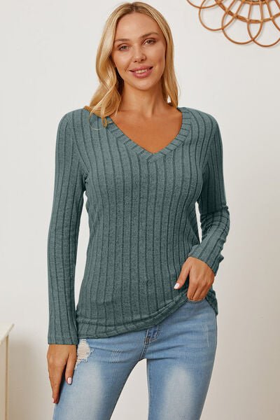 Basic Bae Full Size Ribbed V-Neck Long Sleeve T-Shirt - Loulou Boutique