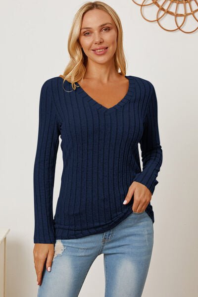 Basic Bae Full Size Ribbed V-Neck Long Sleeve T-Shirt - Loulou Boutique