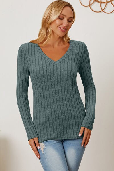 Basic Bae Full Size Ribbed V-Neck Long Sleeve T-Shirt - Loulou Boutique