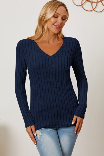 Basic Bae Full Size Ribbed V-Neck Long Sleeve T-Shirt - Loulou Boutique