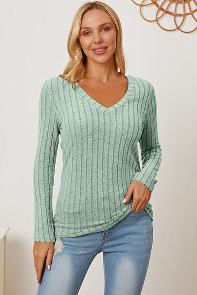 Basic Bae Full Size Ribbed V-Neck Long Sleeve T-Shirt - Loulou Boutique