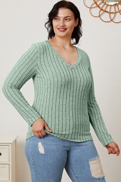 Basic Bae Full Size Ribbed V-Neck Long Sleeve T-Shirt - Loulou Boutique