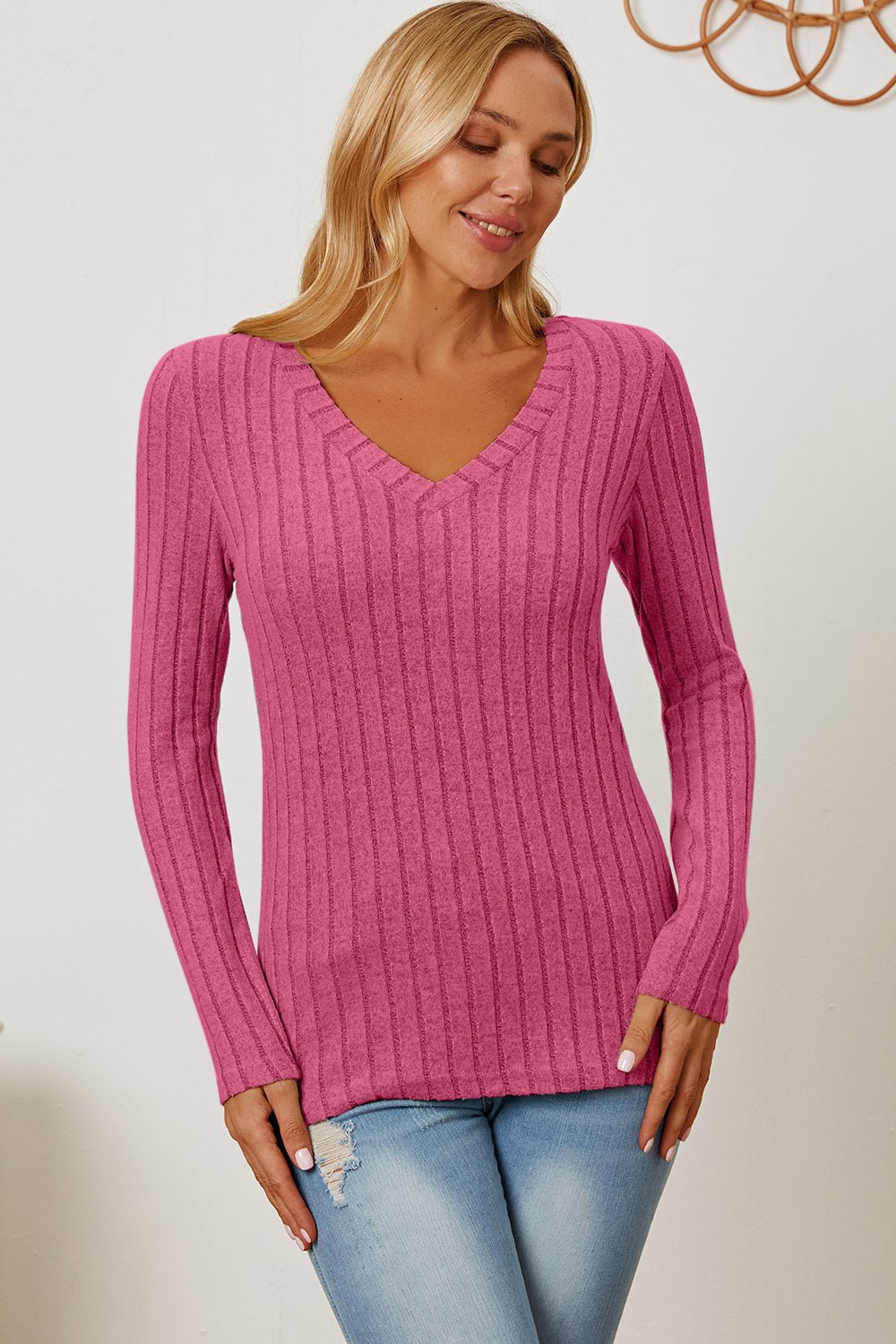 Basic Bae Full Size Ribbed V-Neck Long Sleeve T-Shirt - Loulou Boutique