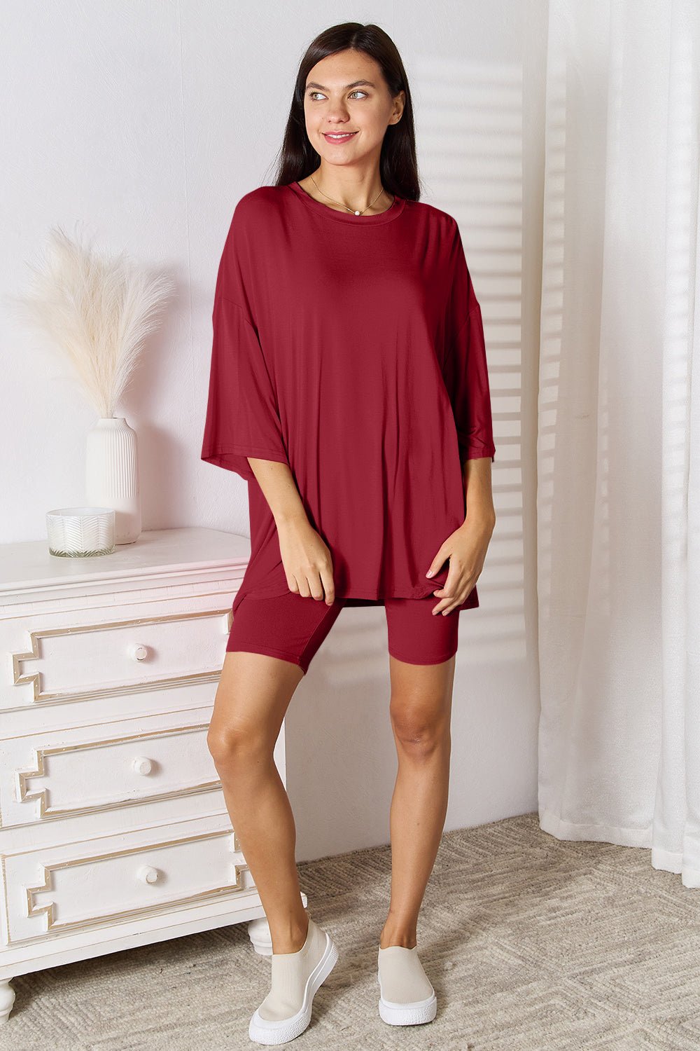 Basic Bae Full Size Soft Rayon Three - Quarter Sleeve Top and Shorts Set - Loulou Boutique