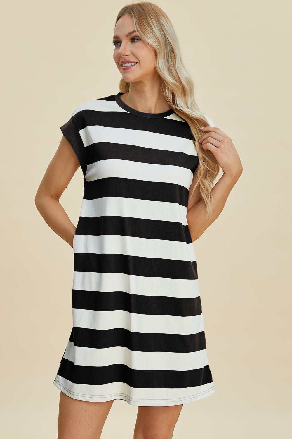 Basic Bae Full Size Striped Round Neck Cap Sleeve Mini Dress - Loulou Boutique