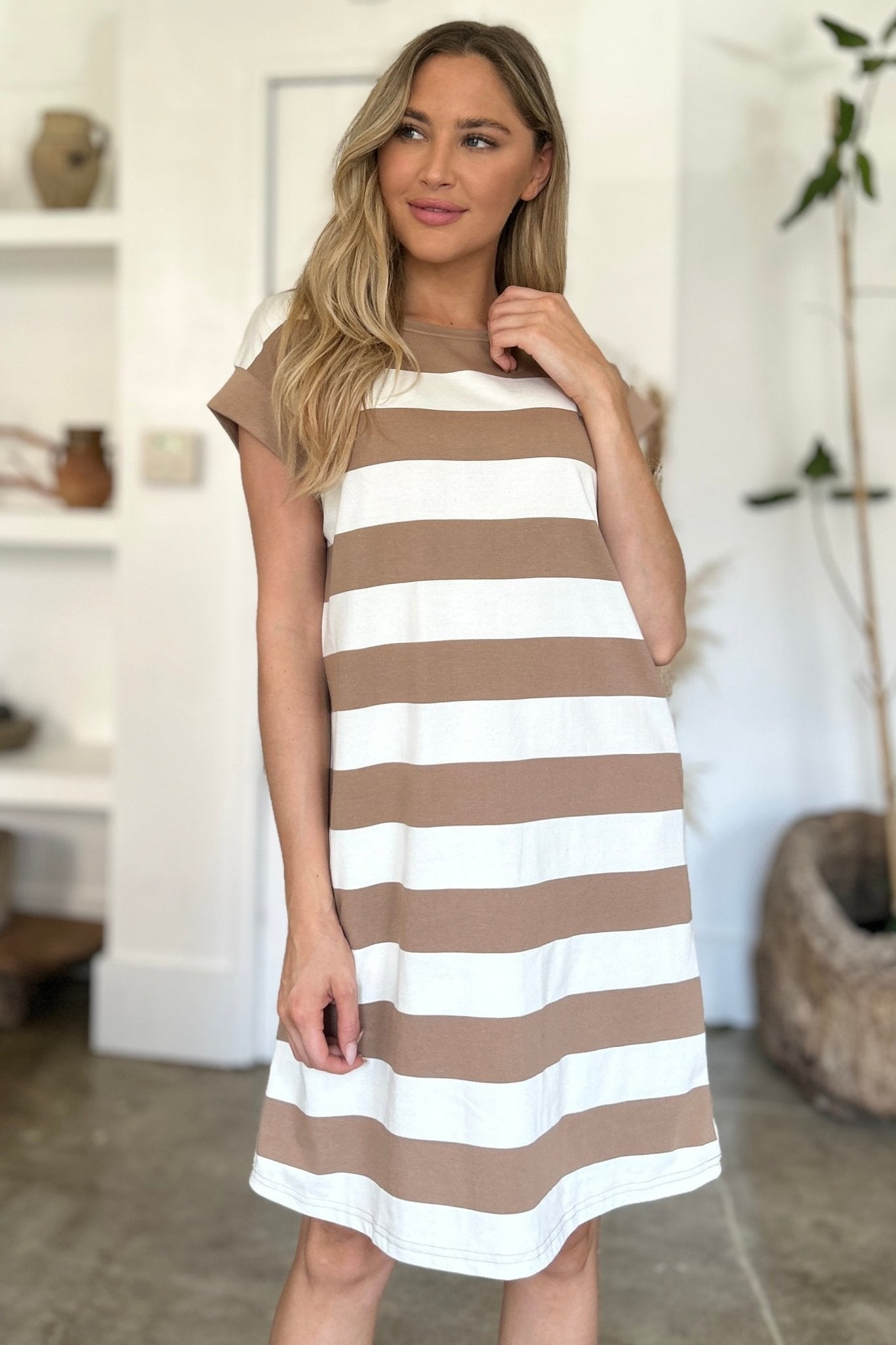 Basic Bae Full Size Striped Round Neck Cap Sleeve Mini Dress - Loulou Boutique