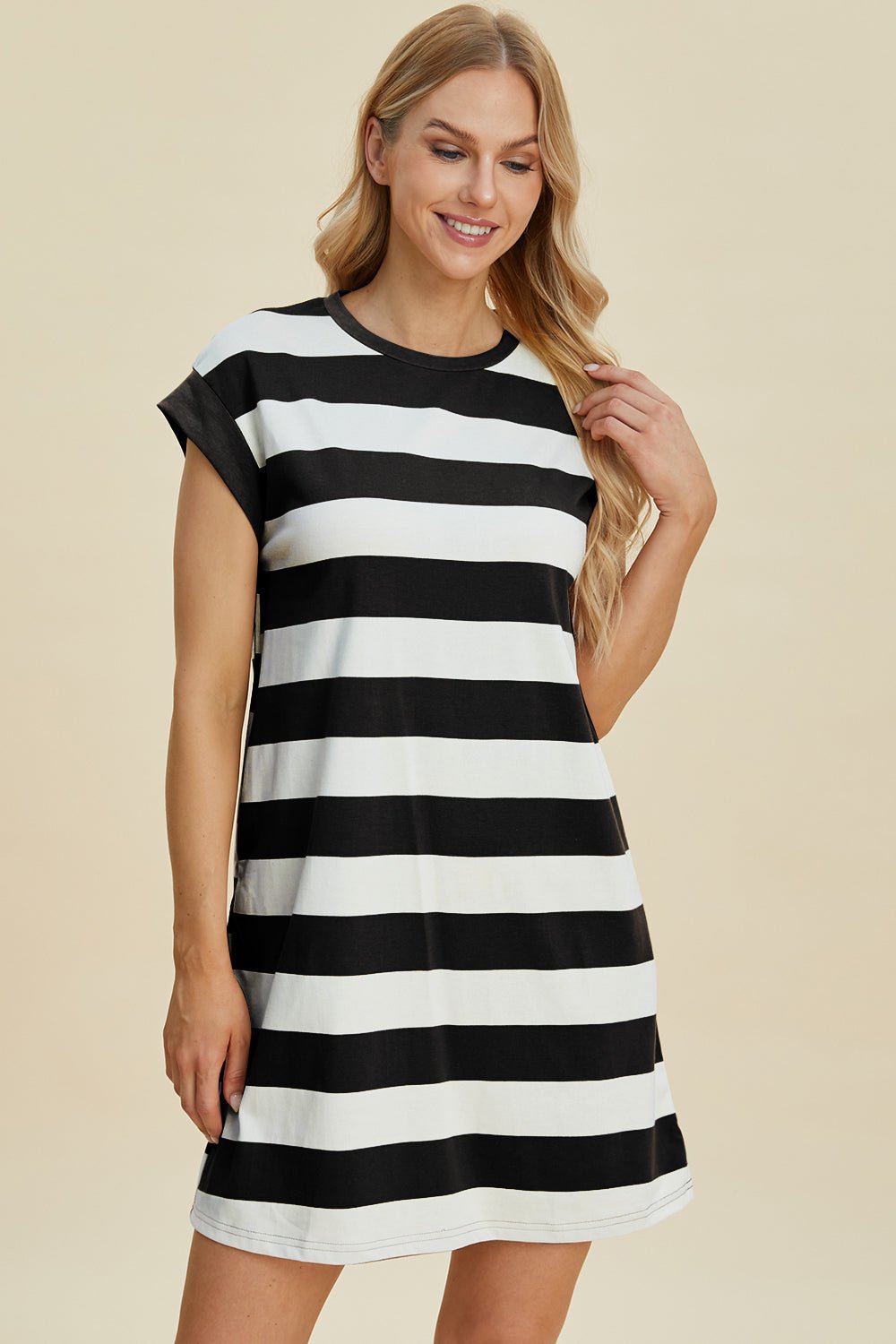 Basic Bae Full Size Striped Round Neck Cap Sleeve Mini Dress - Loulou Boutique