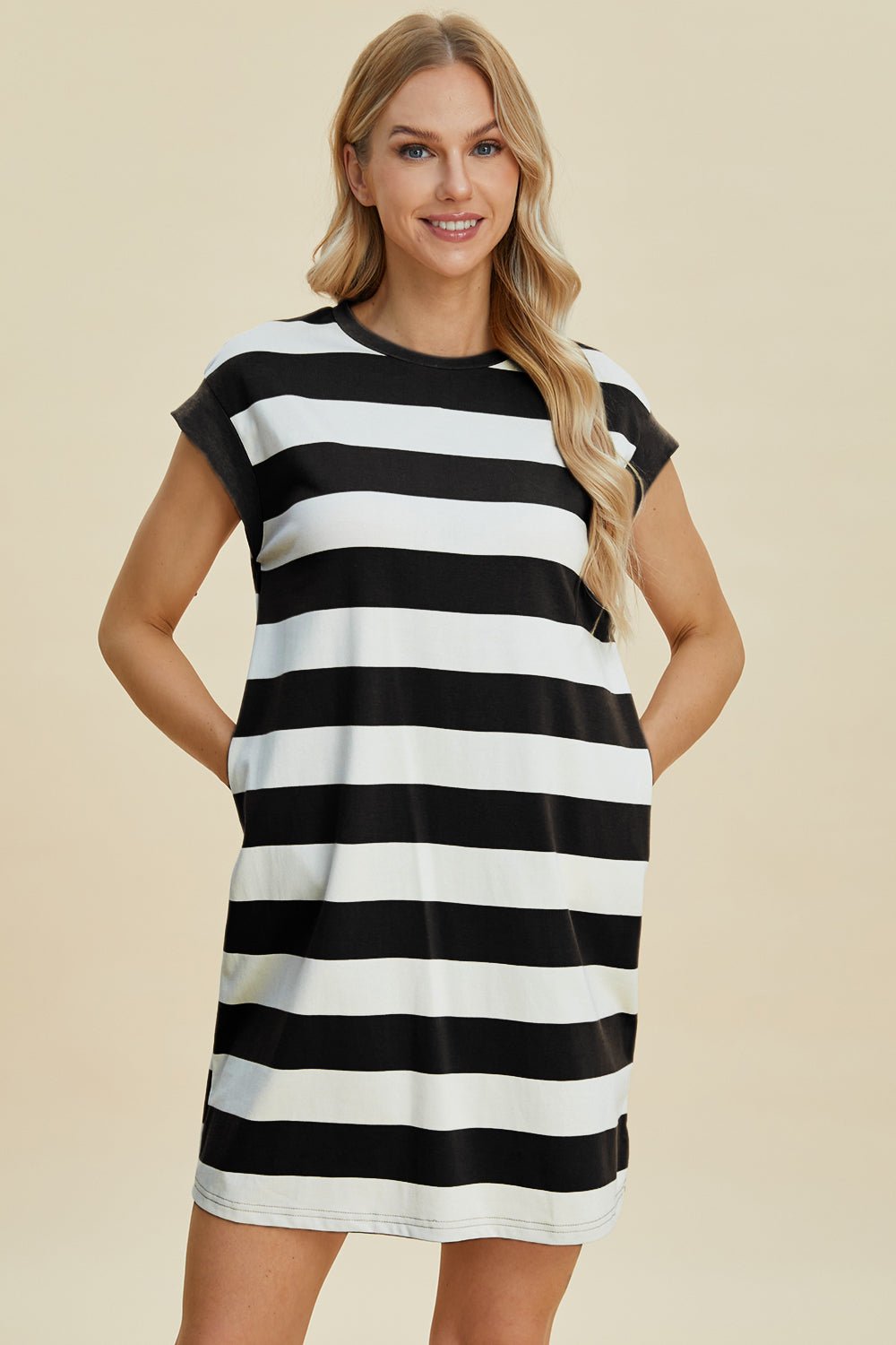 Basic Bae Full Size Striped Round Neck Cap Sleeve Mini Dress - Loulou Boutique