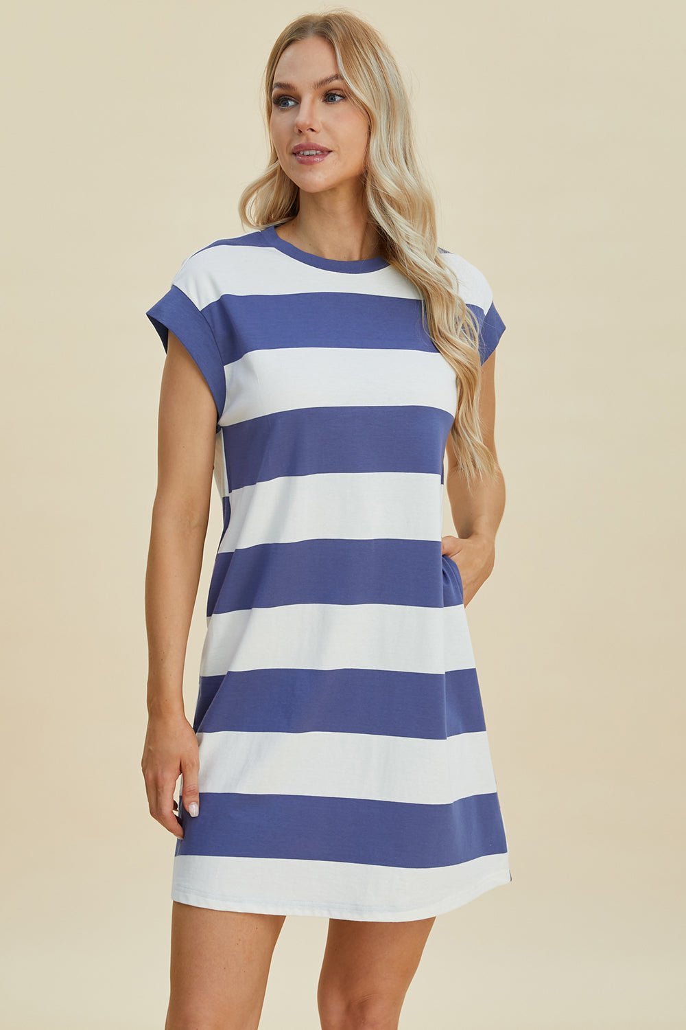 Basic Bae Full Size Striped Round Neck Cap Sleeve Mini Dress - Loulou Boutique