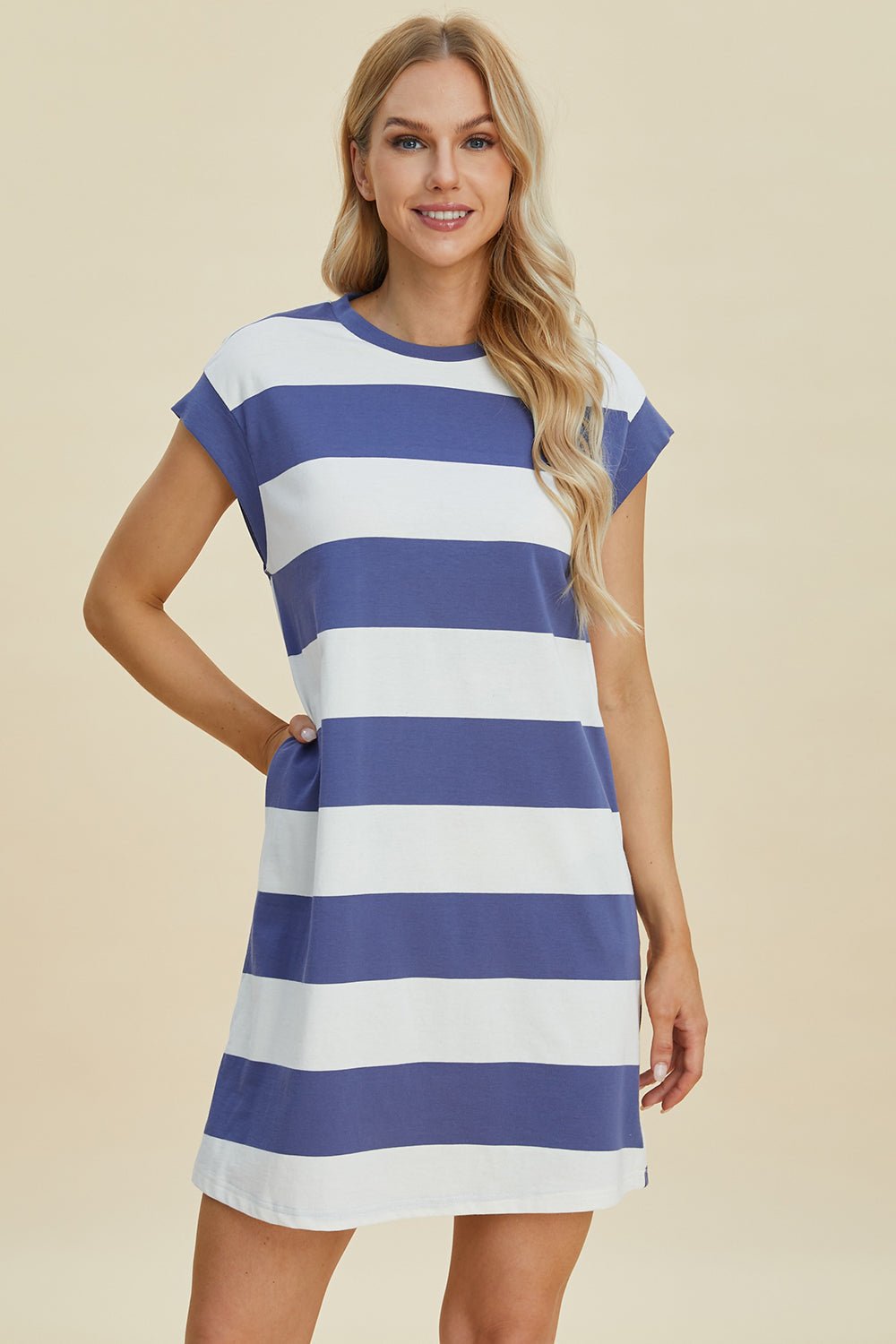 Basic Bae Full Size Striped Round Neck Cap Sleeve Mini Dress - Loulou Boutique