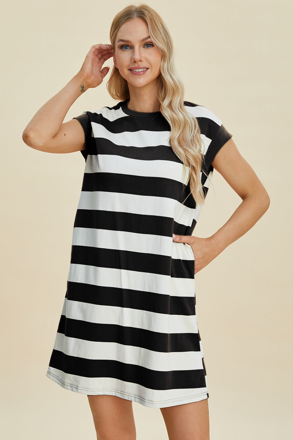 Basic Bae Full Size Striped Round Neck Cap Sleeve Mini Dress - Loulou Boutique