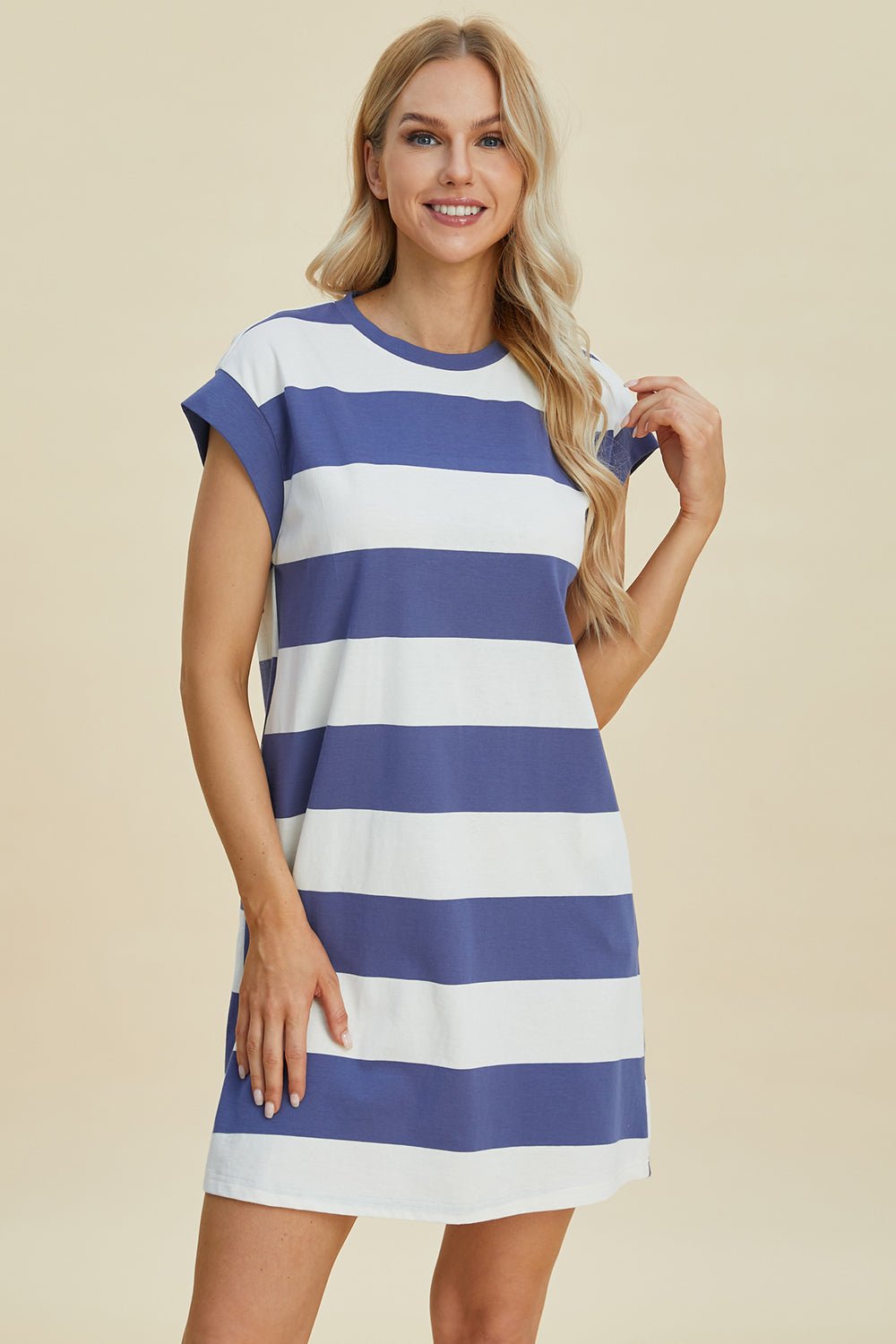 Basic Bae Full Size Striped Round Neck Cap Sleeve Mini Dress - Loulou Boutique