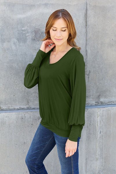 Basic Bae Full Size V-Neck Lantern Sleeve Blouse - Loulou Boutique