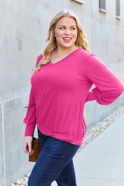 Basic Bae Full Size V-Neck Lantern Sleeve Blouse - Loulou Boutique