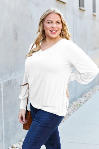 Basic Bae Full Size V-Neck Lantern Sleeve Blouse - Loulou Boutique