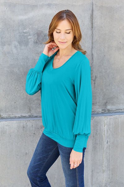 Basic Bae Full Size V-Neck Lantern Sleeve Blouse - Loulou Boutique