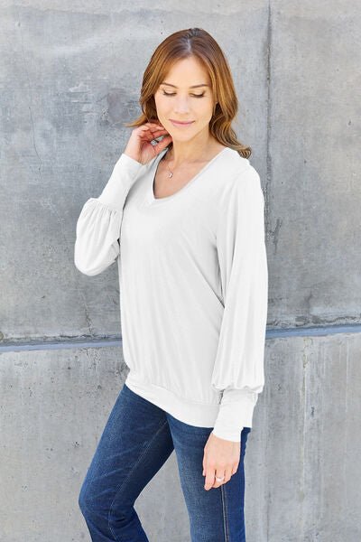 Basic Bae Full Size V-Neck Lantern Sleeve Blouse - Loulou Boutique