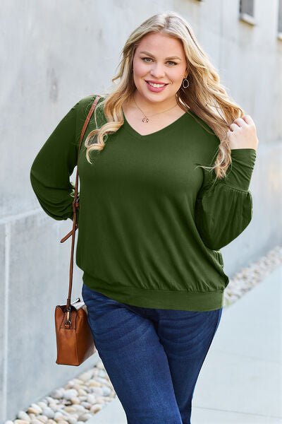 Basic Bae Full Size V-Neck Lantern Sleeve Blouse - Loulou Boutique