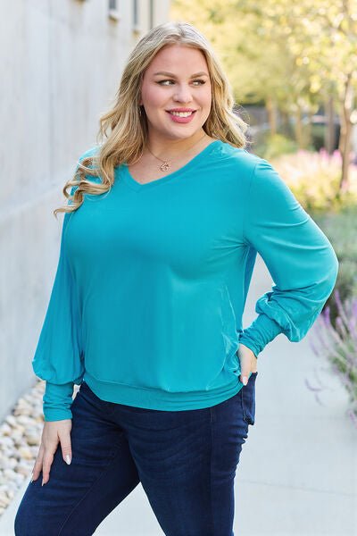 Basic Bae Full Size V-Neck Lantern Sleeve Blouse - Loulou Boutique