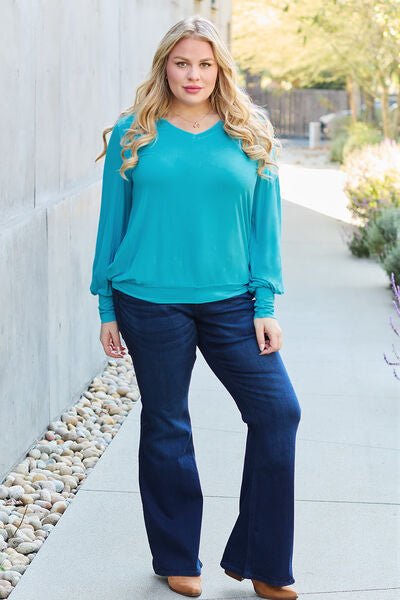 Basic Bae Full Size V-Neck Lantern Sleeve Blouse - Loulou Boutique