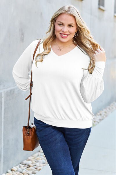 Basic Bae Full Size V-Neck Lantern Sleeve Blouse - Loulou Boutique