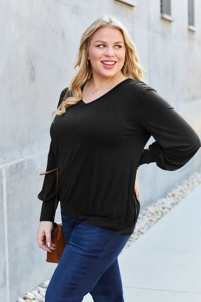 Basic Bae Full Size V-Neck Lantern Sleeve Blouse - Loulou Boutique