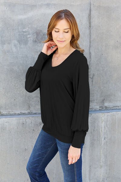 Basic Bae Full Size V-Neck Lantern Sleeve Blouse - Loulou Boutique