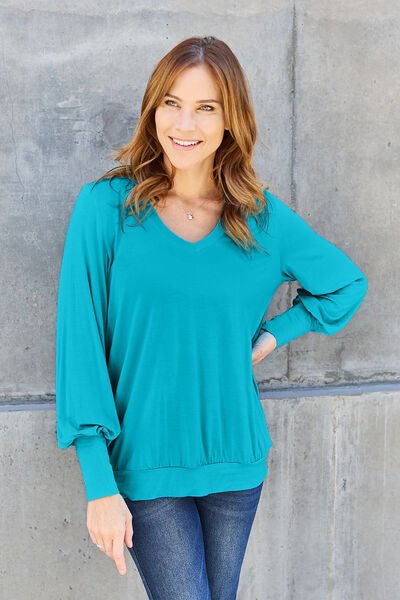 Basic Bae Full Size V-Neck Lantern Sleeve Blouse - Loulou Boutique