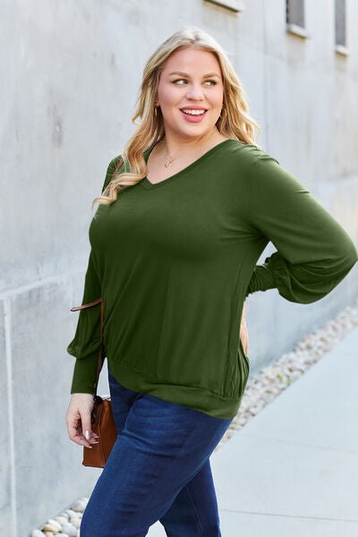 Basic Bae Full Size V-Neck Lantern Sleeve Blouse - Loulou Boutique