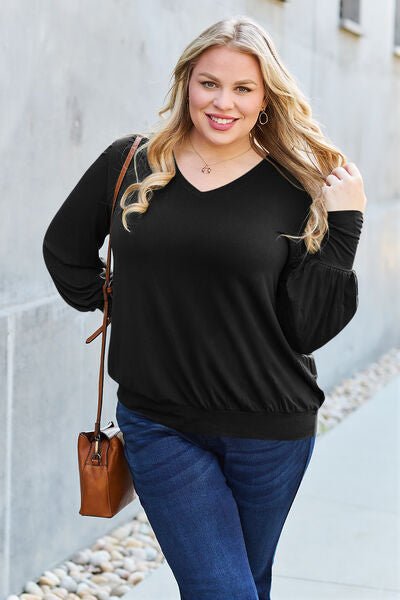 Basic Bae Full Size V-Neck Lantern Sleeve Blouse - Loulou Boutique