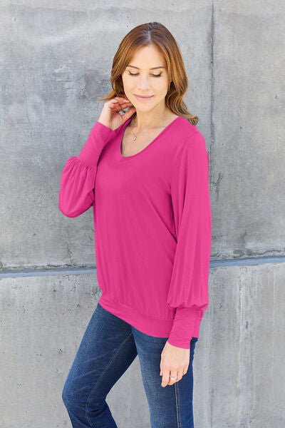 Basic Bae Full Size V-Neck Lantern Sleeve Blouse - Loulou Boutique