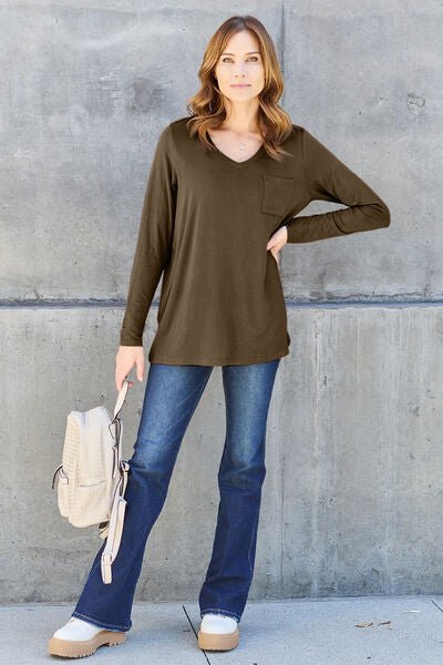 Basic Bae Full Size V-Neck Long Sleeve Top - Loulou Boutique