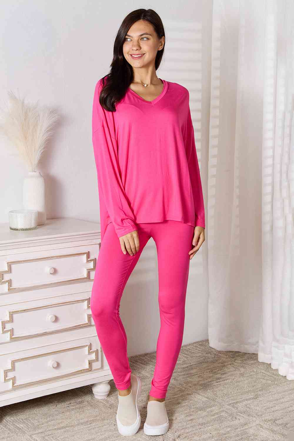 Basic Bae Full Size V - Neck Soft Rayon Long Sleeve Top and Pants Lounge Set - Loulou Boutique