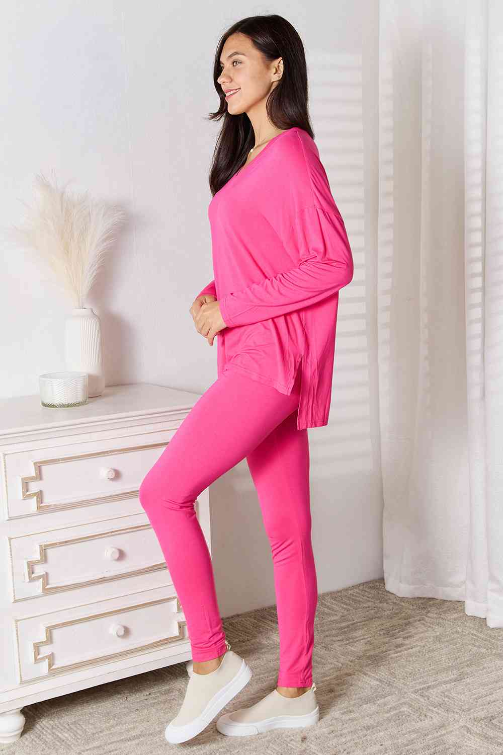 Basic Bae Full Size V - Neck Soft Rayon Long Sleeve Top and Pants Lounge Set - Loulou Boutique