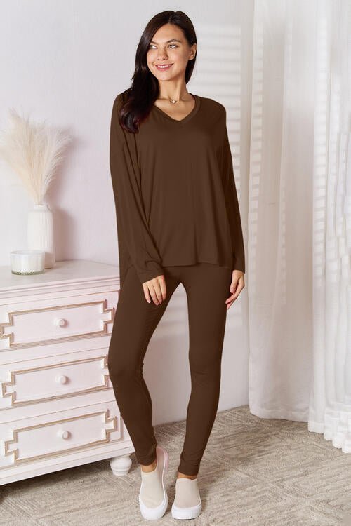 Basic Bae Full Size V - Neck Soft Rayon Long Sleeve Top and Pants Lounge Set - Loulou Boutique