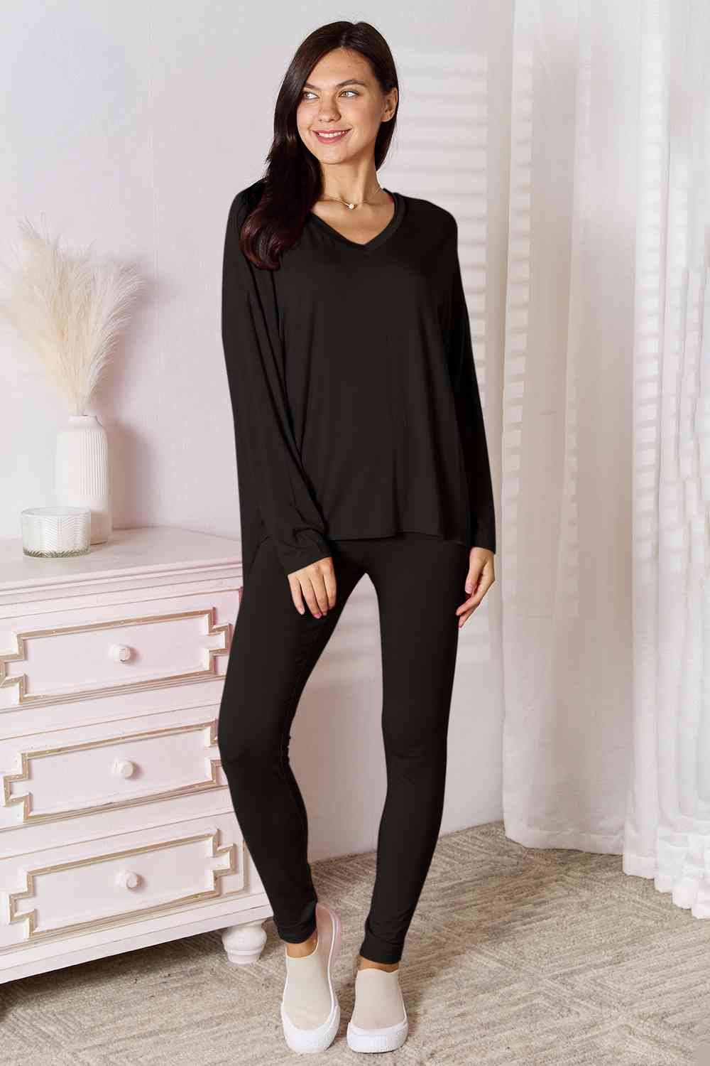 Basic Bae Full Size V - Neck Soft Rayon Long Sleeve Top and Pants Lounge Set - Loulou Boutique