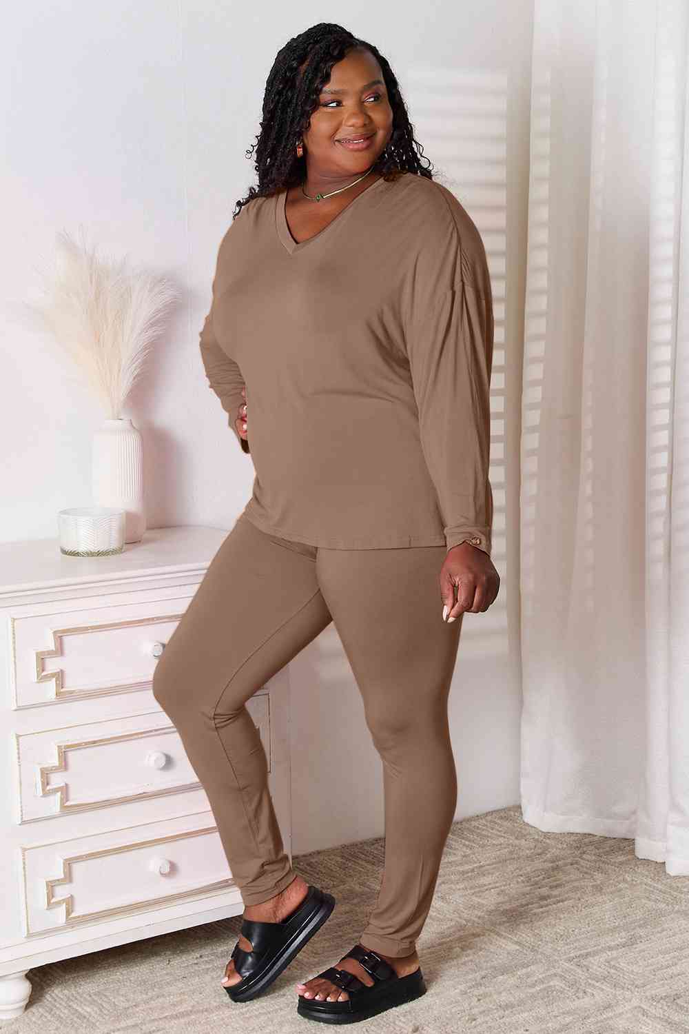 Basic Bae Full Size V - Neck Soft Rayon Long Sleeve Top and Pants Lounge Set - Loulou Boutique