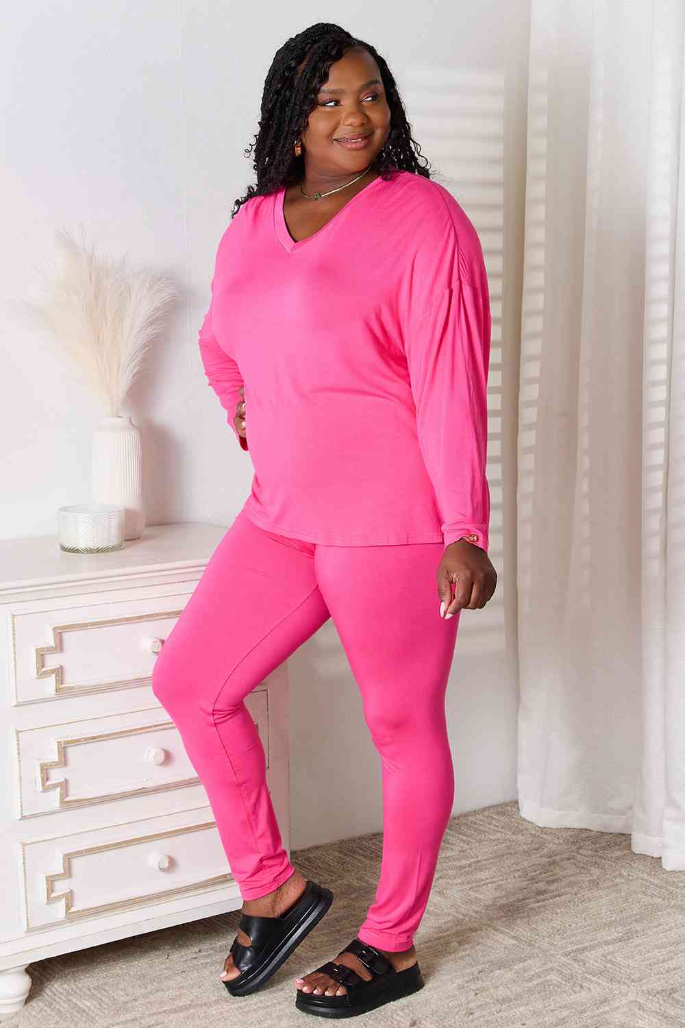 Basic Bae Full Size V - Neck Soft Rayon Long Sleeve Top and Pants Lounge Set - Loulou Boutique