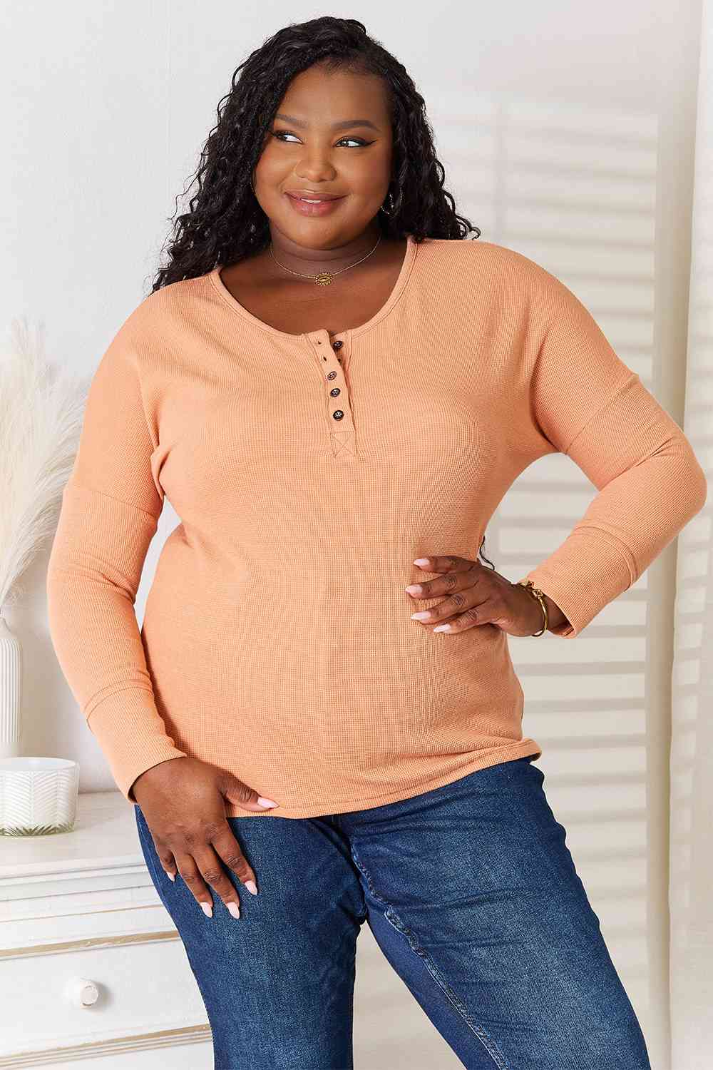 Basic Bae Half Button Long Sleeve Top - Loulou Boutique