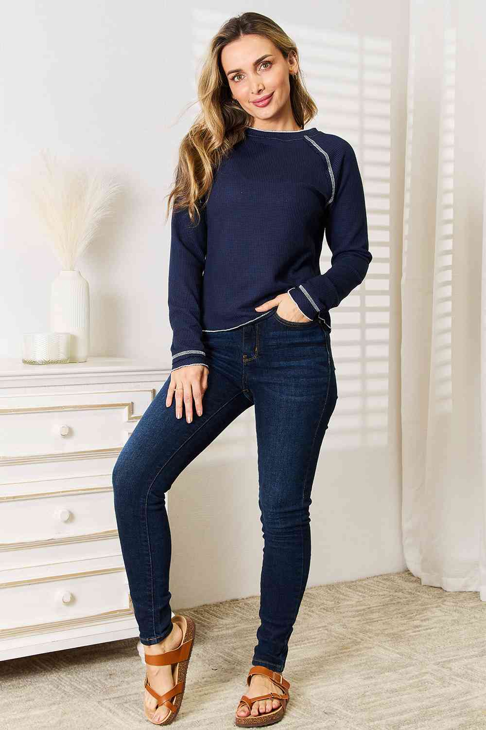 Basic Bae Long Raglan Sleeve Round Neck Top - Loulou Boutique