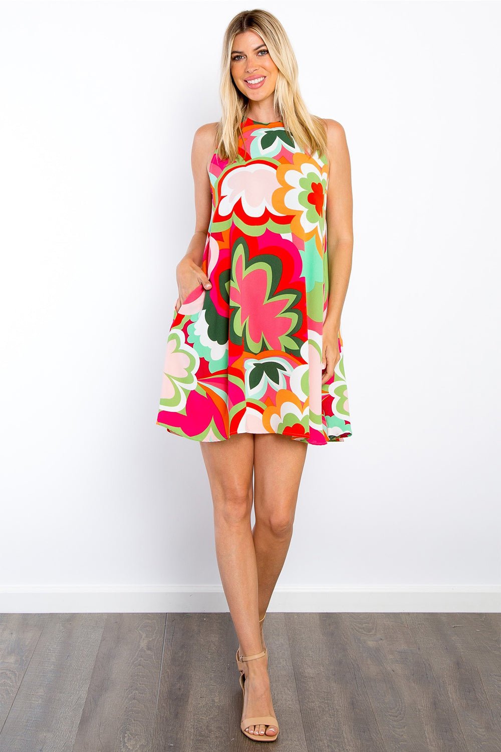 Be Stage Full Size Floral Sleeveless Mini Dress with Pockets - Loulou Boutique