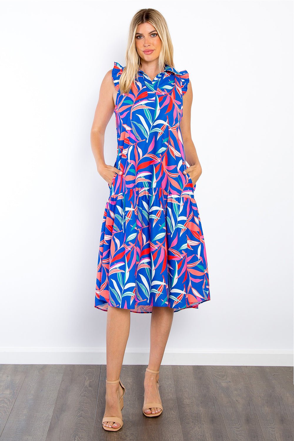 Be Stage Print Ruffled Midi Dress with Pockets - Loulou Boutique