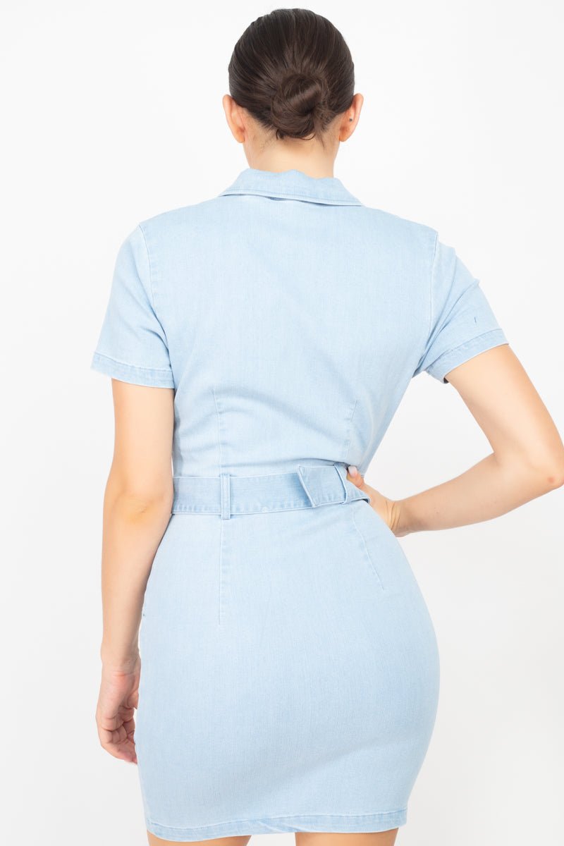 Belted Bodycon Collared Denim Dress - Loulou Boutique